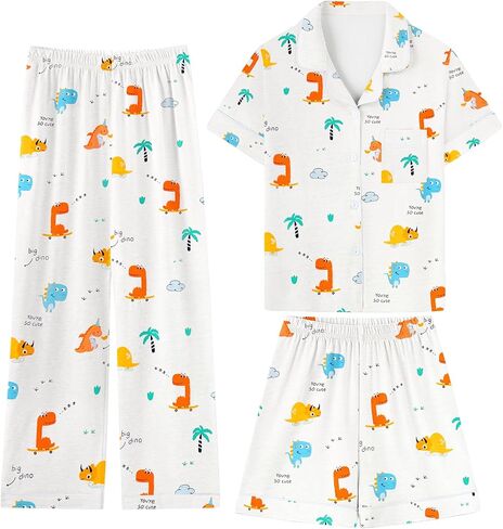 umeyda boys pajamas ، 100 ٪ cotton Kids Soft Short sleeve button button button down disual 3 pcs pjs for ages 4-12 in Kuwait