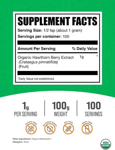 BulkSupplements.com Organic Hawthorn Berry Extract Powder - Hawthorn Berry Supplement - Herbal & Gluten Free, 1g per Serving, 250g (8.8 oz) (Pack of 1) in Saudi Arabia