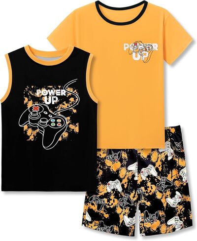 Tebbis Boys Summer Pajama Set, 3-Piece Gamer PJs‌ - Short Sleeves, Tank Top & Shorts Soft Yellow Sleepwear Size 6-18 in Kuwait