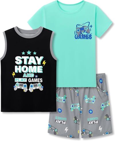 Tebbis Boys Summer Pajama Set, 3-Piece Gamer PJs‌ - Short Sleeves, Tank Top & Shorts Soft Yellow Sleepwear Size 6-18 in Kuwait
