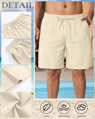 2 Pack Men's Big & Tall Linen Shorts, Cotton Casual Elastic Waist Drawstring Beach Summer Shorts with Pockets in Kuwait