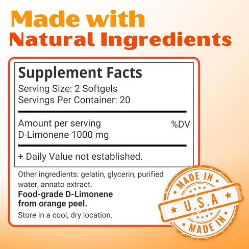 Orange Burps | D-Limonene Supplement - Acid Reducer (Antacid for Acid Reflux), Heartburn Relief, GERD Relief, and Indigestion Relief | Orange Peel Extract Soft Gels for Health and Wellness (1,000 mg) in Saudi Arabia