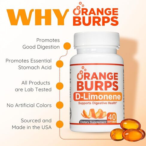 Orange Burps | D-Limonene Supplement - Acid Reducer (Antacid for Acid Reflux), Heartburn Relief, GERD Relief, and Indigestion Relief | Orange Peel Extract Soft Gels for Health and Wellness (1,000 mg) in Saudi Arabia