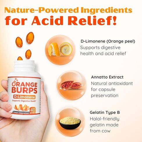 Orange Burps | D-Limonene Supplement - Acid Reducer (Antacid for Acid Reflux), Heartburn Relief, GERD Relief, and Indigestion Relief | Orange Peel Extract Soft Gels for Health and Wellness (1,000 mg) in Saudi Arabia