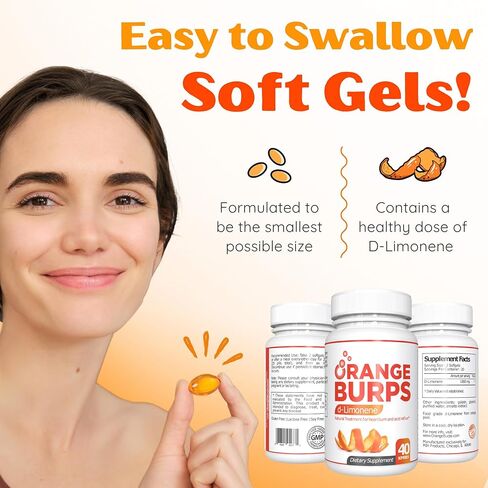 Orange Burps | D-Limonene Supplement - Acid Reducer (Antacid for Acid Reflux), Heartburn Relief, GERD Relief, and Indigestion Relief | Orange Peel Extract Soft Gels for Health and Wellness (1,000 mg) in Saudi Arabia
