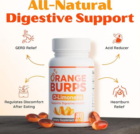 Orange Burps | D-Limonene Supplement - Acid Reducer (Antacid for Acid Reflux), Heartburn Relief, GERD Relief, and Indigestion Relief | Orange Peel Extract Soft Gels for Health and Wellness (1,000 mg) in Saudi Arabia