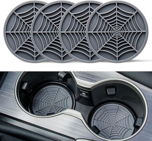 Alpmosn 4PCS Spider Web Car Coasters for Cup Holders, Halloween Funny Non-Slip Silicone Insert Ornaments Coasters, Automotive Cupholder Goth Accessories for Men & Women(Black) in Kuwait