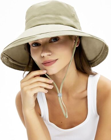 Rosoz Sun Hats for Women Wide Brim Ponytail Bucket Hat Sun Protection Beach Hat Quick-Dry Gardening Hat with Fold-Up Brim in Kuwait