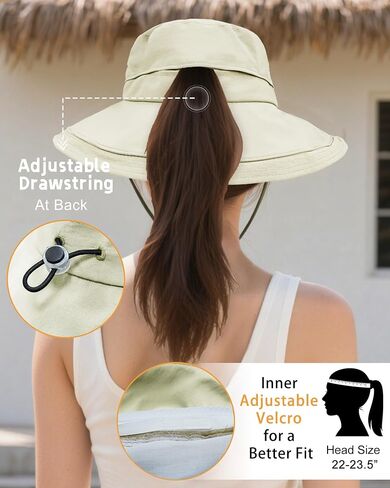 Rosoz Sun Hats for Women Wide Brim Ponytail Bucket Hat Sun Protection Beach Hat Quick-Dry Gardening Hat with Fold-Up Brim in Kuwait