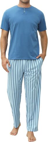 Mens Pajamas Set Cotton Short Sleeve and Pants 2 Piece PJ Set Soft Comfy Loungewear Men's Nightwear Set with Pockets in Kuwait