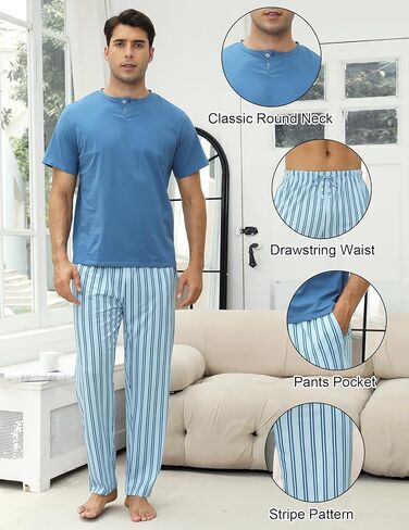 Mens Pajamas Set Cotton Short Sleeve and Pants 2 Piece PJ Set Soft Comfy Loungewear Men's Nightwear Set with Pockets in Kuwait