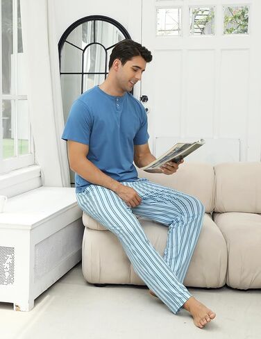 Mens Pajamas Set Cotton Short Sleeve and Pants 2 Piece PJ Set Soft Comfy Loungewear Men's Nightwear Set with Pockets in Kuwait