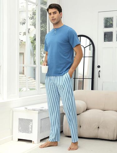 Mens Pajamas Set Cotton Short Sleeve and Pants 2 Piece PJ Set Soft Comfy Loungewear Men's Nightwear Set with Pockets in Kuwait