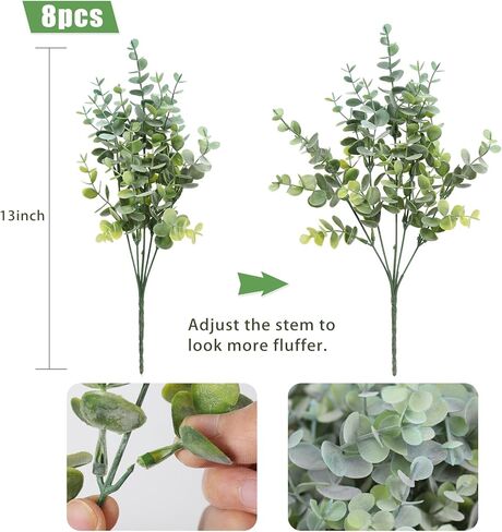 RECUTMS 8 Bundles Artificial Greenery Plants Stems Outdoor Fake Eucalyptus Plants Boxwood Bushes for Farmhouse Bathroom Office Vase Centerpiece Indoor Outdoor Decoration(Dusty Green) in Kuwait