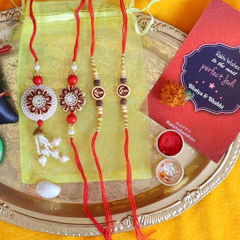 أشرطة مربوطة Rakhi للأخ و Bhabhi و Bhatija | بطاقة صغيرة | Roli Tika - Raksha Bandhan Family Rakhi مجموعة من 4 | موضوع راخي | Lumba Rakhi لـ Bhabhi | مجموعة Rakhi ل Bhai Bhabhi in Saudi Arabia