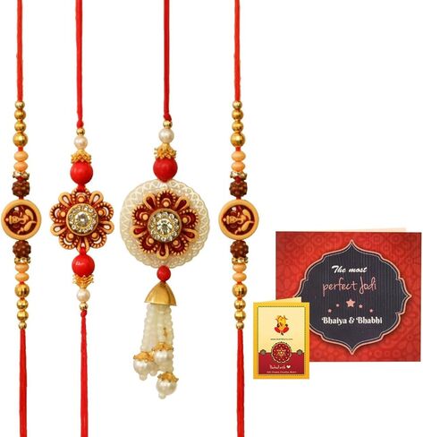 أشرطة مربوطة Rakhi للأخ و Bhabhi و Bhatija | بطاقة صغيرة | Roli Tika - Raksha Bandhan Family Rakhi مجموعة من 4 | موضوع راخي | Lumba Rakhi لـ Bhabhi | مجموعة Rakhi ل Bhai Bhabhi in Saudi Arabia