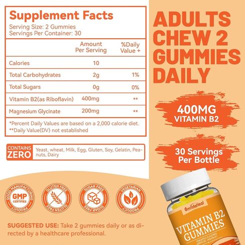 فيتامين B2 Gummies ، ملحق Riboflavin 400mg مع المغنيسيوم للبالغين ، B2 Gummies لتخفيف الصداع النصفي* ودعم الجهاز العصبي* ، غير المعدلة وراثيا ، نباتي - 60 تهم in Kuwait