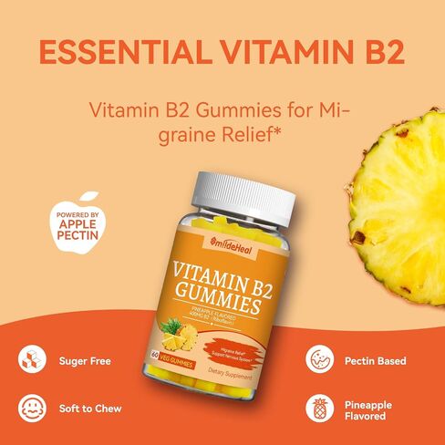 فيتامين B2 Gummies ، ملحق Riboflavin 400mg مع المغنيسيوم للبالغين ، B2 Gummies لتخفيف الصداع النصفي* ودعم الجهاز العصبي* ، غير المعدلة وراثيا ، نباتي - 60 تهم in Kuwait