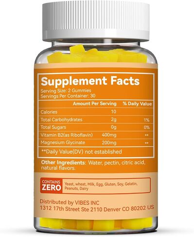 فيتامين B2 Gummies ، ملحق Riboflavin 400mg مع المغنيسيوم للبالغين ، B2 Gummies لتخفيف الصداع النصفي* ودعم الجهاز العصبي* ، غير المعدلة وراثيا ، نباتي - 60 تهم in Kuwait