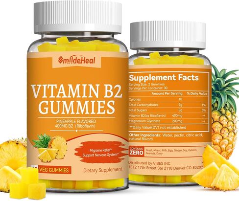 فيتامين B2 Gummies ، ملحق Riboflavin 400mg مع المغنيسيوم للبالغين ، B2 Gummies لتخفيف الصداع النصفي* ودعم الجهاز العصبي* ، غير المعدلة وراثيا ، نباتي - 60 تهم in Kuwait
