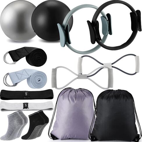 مجموعة كرات وحلقات بيلاتيس 14 قطعة من بوين للنساء، كرة دائرية بحلقة بيلاتيس مع حزام مطاطي، 8 أربطة مقاومة، جوارب غير قابلة للانزلاق، حقائب ظهر لصالة الألعاب الرياضية، معدات تمرين للتمرين in Kuwait