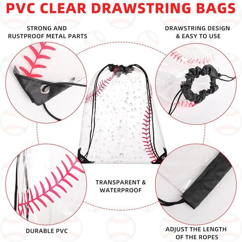Cholemy 12 قطعة من أكياس البيسبول الشفافة برباط على الظهر مقاس 17 × 13 بوصة حقائب هدايا البيسبول حقائب جودي حقائب هدايا الحفلات حقائب رياضية بلاستيكية مقاومة للماء لمناسبات البيسبول الرياضية in Kuwait