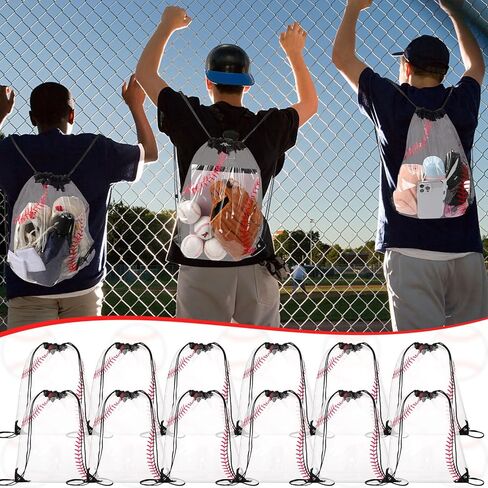 Cholemy 12 قطعة من أكياس البيسبول الشفافة برباط على الظهر مقاس 17 × 13 بوصة حقائب هدايا البيسبول حقائب جودي حقائب هدايا الحفلات حقائب رياضية بلاستيكية مقاومة للماء لمناسبات البيسبول الرياضية in Kuwait