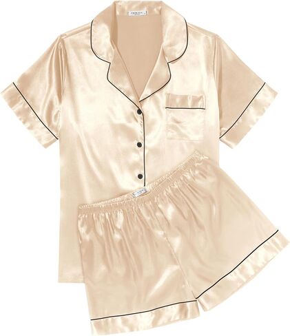 Ekouaer Womens Satin Silk Pajama Set Short Sleeve Button Up Top and Shorts Pjs Sleepwear 2 Piece Lounge Set,Large,Fl1-Green in Saudi Arabia