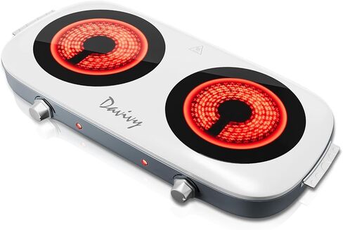 Davivy Hot Plate for Cooking Portable Electric Stove,Infrared Ceramic Dual Burners,Stainless Steel Base,Two Burners for ALL Cookwares for Home(silver,900W+900W) (Double Burner) in Saudi Arabia