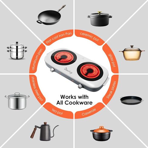 Davivy Hot Plate for Cooking Portable Electric Stove,Infrared Ceramic Dual Burners,Stainless Steel Base,Two Burners for ALL Cookwares for Home(silver,900W+900W) (Double Burner) in Saudi Arabia