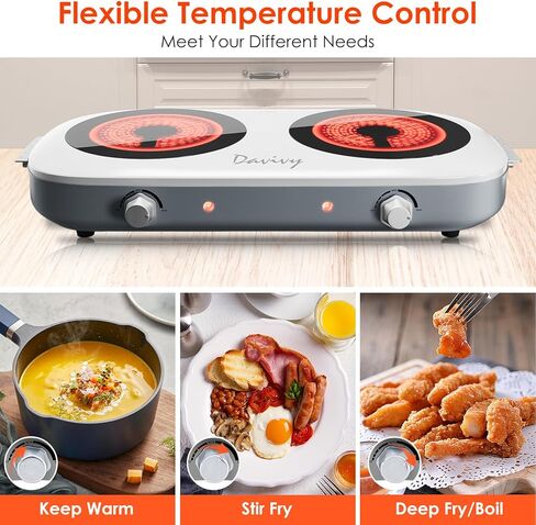 Davivy Hot Plate for Cooking Portable Electric Stove,Infrared Ceramic Dual Burners,Stainless Steel Base,Two Burners for ALL Cookwares for Home(silver,900W+900W) (Double Burner) in Saudi Arabia