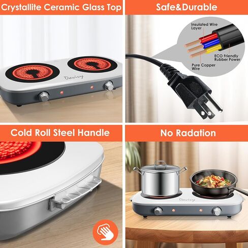 Davivy Hot Plate for Cooking Portable Electric Stove,Infrared Ceramic Dual Burners,Stainless Steel Base,Two Burners for ALL Cookwares for Home(silver,900W+900W) (Double Burner) in Saudi Arabia