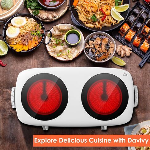 Davivy Hot Plate for Cooking Portable Electric Stove,Infrared Ceramic Dual Burners,Stainless Steel Base,Two Burners for ALL Cookwares for Home(silver,900W+900W) (Double Burner) in Saudi Arabia