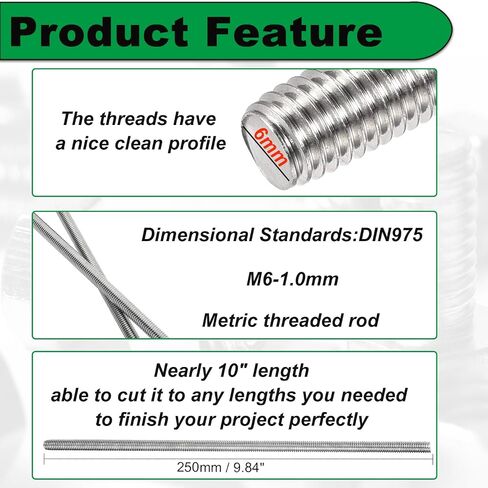 M8x250mm Fully Threaded Rod M8-1.25 2 Pcs Thread Rod 304 Stainless 10" Length Steel Right Hand Threads Metric Threaded Rod All Threaded Rod Studs Battery Post Extended in Saudi Arabia