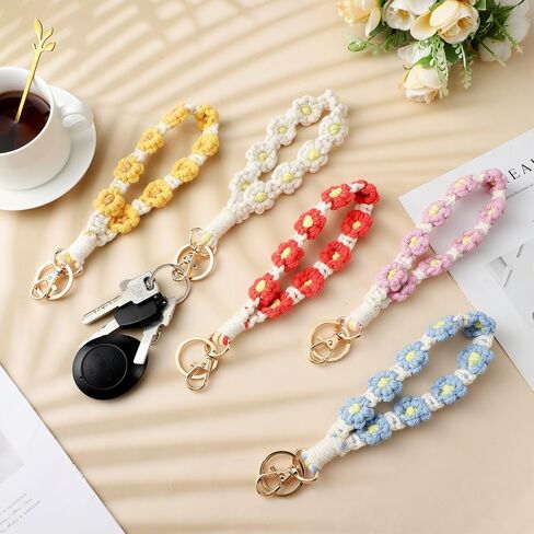 12 Pcs Boho Macrame Wristlet Keychain Flower Handmade Wristlet Keychain Cute Floral Keychain Daisy Flower Keychain in Kuwait