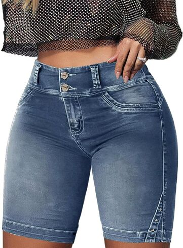 Flamingals Jean Shorts Bermuda Denim Shorts for Women High Waist Shorts Tummy Control Jean Shorts in Kuwait