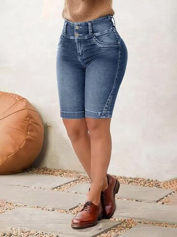 Flamingals Jean Shorts Bermuda Denim Shorts for Women High Waist Shorts Tummy Control Jean Shorts in Kuwait