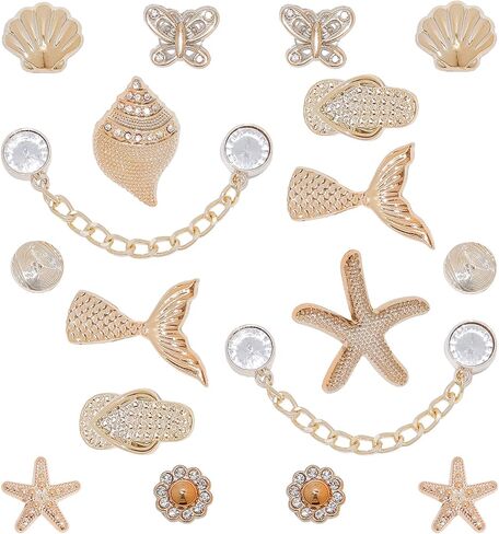 18Pcs Bling Shoe Charms, Gold Conch Starfish Fishtail Shell Slippers Butterfly Shoe Charms Rhinestone Shoe Chain Cute Clogs Shoes Decoration Fashion Party Favors Luxury Jewelry Accessories for Women in Saudi Arabia