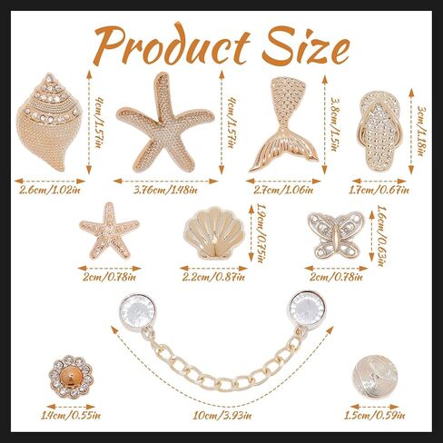 18Pcs Bling Shoe Charms, Gold Conch Starfish Fishtail Shell Slippers Butterfly Shoe Charms Rhinestone Shoe Chain Cute Clogs Shoes Decoration Fashion Party Favors Luxury Jewelry Accessories for Women in Saudi Arabia