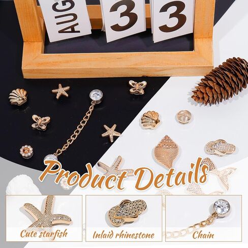 18Pcs Bling Shoe Charms, Gold Conch Starfish Fishtail Shell Slippers Butterfly Shoe Charms Rhinestone Shoe Chain Cute Clogs Shoes Decoration Fashion Party Favors Luxury Jewelry Accessories for Women in Saudi Arabia