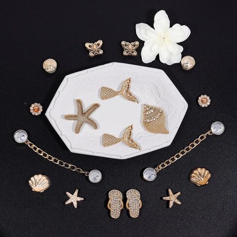 18Pcs Bling Shoe Charms, Gold Conch Starfish Fishtail Shell Slippers Butterfly Shoe Charms Rhinestone Shoe Chain Cute Clogs Shoes Decoration Fashion Party Favors Luxury Jewelry Accessories for Women in Saudi Arabia