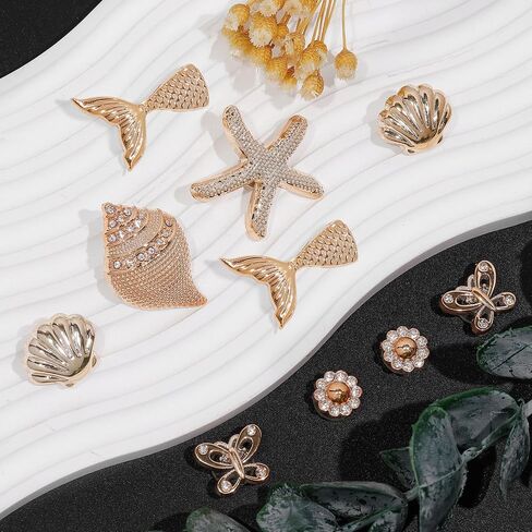 18Pcs Bling Shoe Charms, Gold Conch Starfish Fishtail Shell Slippers Butterfly Shoe Charms Rhinestone Shoe Chain Cute Clogs Shoes Decoration Fashion Party Favors Luxury Jewelry Accessories for Women in Saudi Arabia