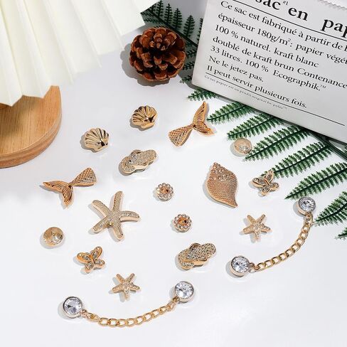 18Pcs Bling Shoe Charms, Gold Conch Starfish Fishtail Shell Slippers Butterfly Shoe Charms Rhinestone Shoe Chain Cute Clogs Shoes Decoration Fashion Party Favors Luxury Jewelry Accessories for Women in Saudi Arabia