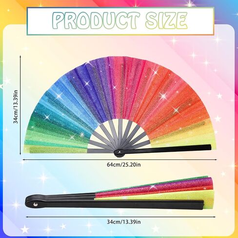 2 Pcs Big Rainbow Hand Fan, Large Pride Fans Glitter Folding Rave Handheld Fans for Women Men Pride Month Parade Cosplay Costume Photo Props Chinese Festival Party Dance Decorations in Saudi Arabia