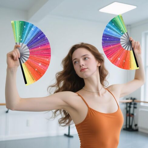 2 Pcs Big Rainbow Hand Fan, Large Pride Fans Glitter Folding Rave Handheld Fans for Women Men Pride Month Parade Cosplay Costume Photo Props Chinese Festival Party Dance Decorations in Saudi Arabia