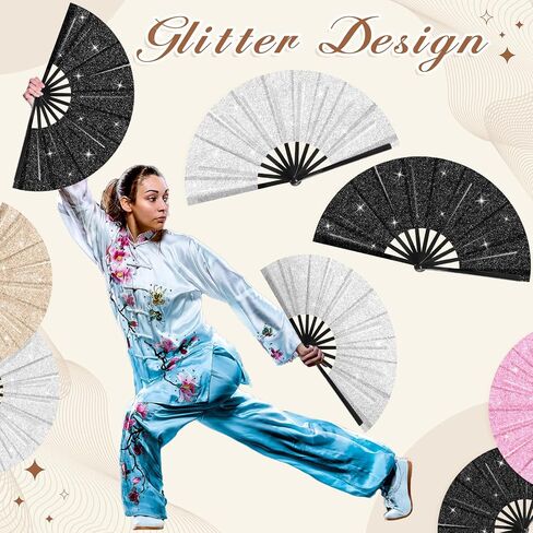 chunful 4 pcs glitter كبيرة المعجبين الصينيين القابلة للطي للرقص على الخط ، والأحذية على الأرض يدويا باليد يصفق المشجعين لخط الرقص edm festival performan in Saudi Arabia