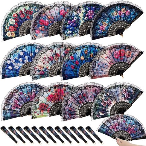 24 pcs Lace Handheld Folding Fan 16.73 x 9.06 Inch Woman Bridal Flower Vintage Folding Hand Fans for Line Dancing Tea Party Wedding Decorative(Blue,Classic Style) in Saudi Arabia