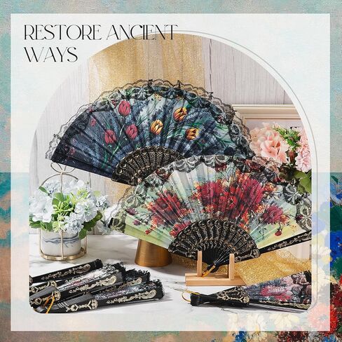 24 pcs Lace Handheld Folding Fan 16.73 x 9.06 Inch Woman Bridal Flower Vintage Folding Hand Fans for Line Dancing Tea Party Wedding Decorative(Blue,Classic Style) in Saudi Arabia