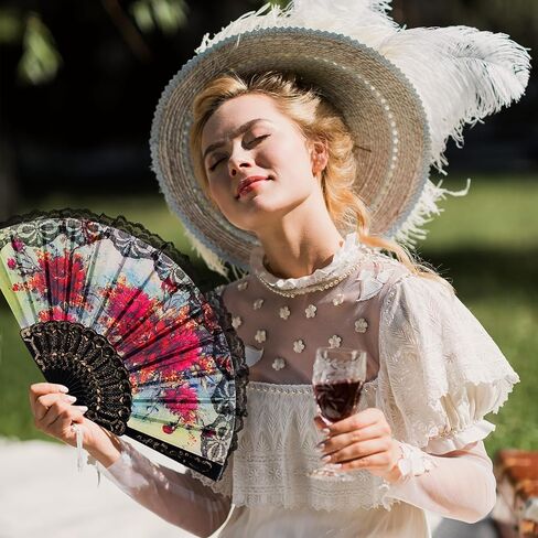 24 pcs Lace Handheld Folding Fan 16.73 x 9.06 Inch Woman Bridal Flower Vintage Folding Hand Fans for Line Dancing Tea Party Wedding Decorative(Blue,Classic Style) in Saudi Arabia