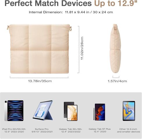 حقيبة تابلت MoKo Puffer لجهاز iPad Pro 12.9 بوصة، Galaxy S8+/S9+ 12.4، حقيبة كروس للنساء، حقيبة حمل مبطنة للكمبيوتر اللوحي مع حزام كتف وحامل قلم، أبيض حليبي in Saudi Arabia